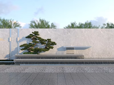 White Marble Feature Wall With Sculpted Pine Tree And Water Cascade In Garden Landscape 3d model