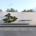 White Marble Feature Wall With Sculpted Pine Tree And Water Cascade In Garden Landscape