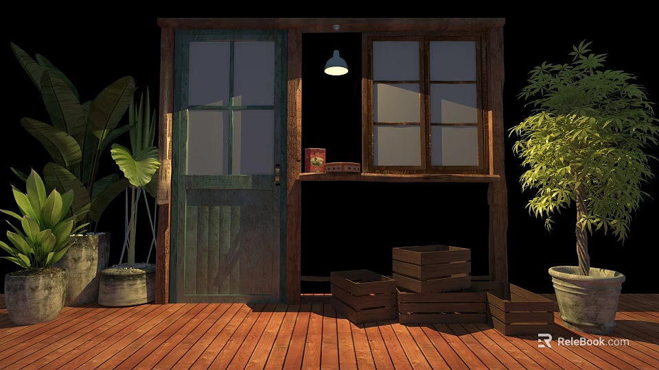 Rustic Wooden Swing Door With Green Plants Wooden Crates And Natural Lighting 3d model 