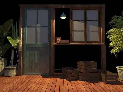 Rustic Wooden Swing Door With Green Plants Wooden Crates And Natural Lighting 3d model