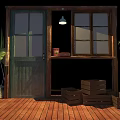 Rustic Wooden Swing Door With Green Plants Wooden Crates And Natural Lighting