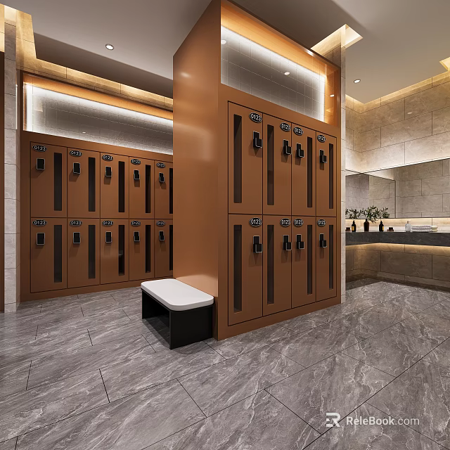 Modern Locker Room With Brown Lockers White Bench Marble Floor Stone Walls And Plants 3d model 