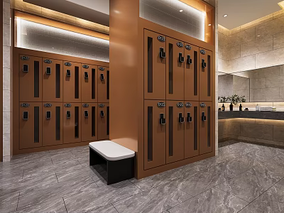 Modern Locker Room With Brown Lockers White Bench Marble Floor Stone Walls And Plants 3d model