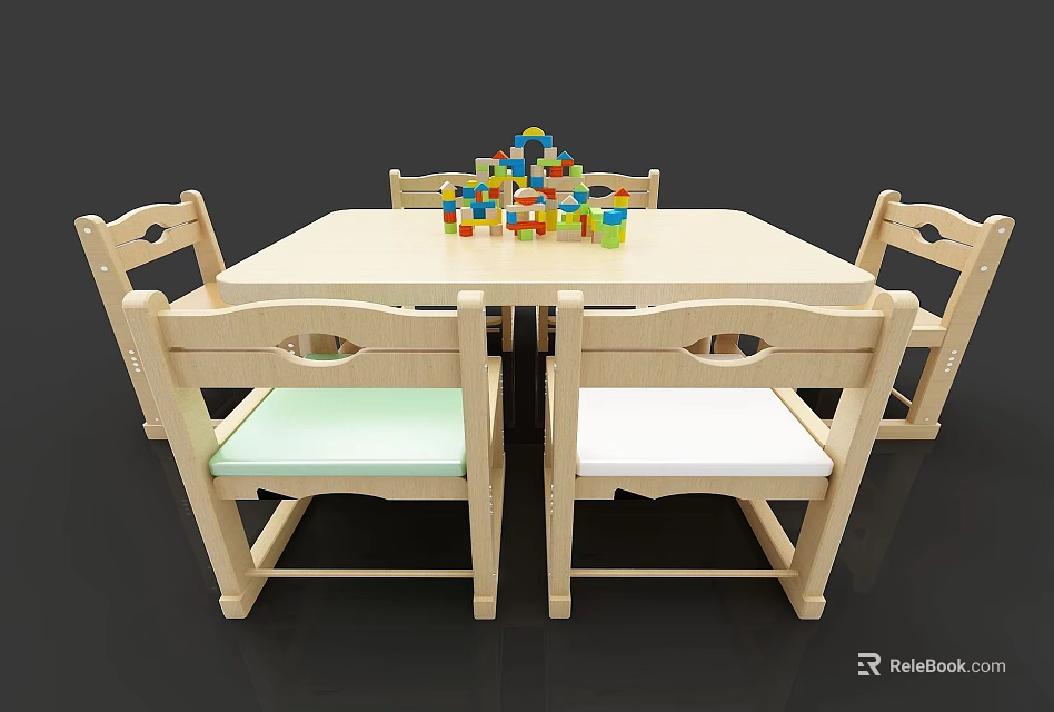 Kindergarten Classroom Setup With Wooden Table Chairs And Colorful Building Blocks 3d model 