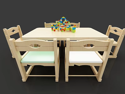 Kindergarten Classroom Setup With Wooden Table Chairs And Colorful Building Blocks 3d model