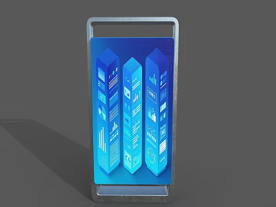 Public Facility Vertical Information Kiosk with Blue 3D Columns Charts Icons 3d model