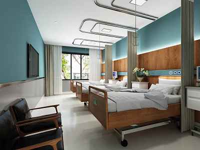 Spacious Hospital Outpatient Ward With Multiple Beds Wooden Headboards Blue Walls And Fresh Flowers 3d model