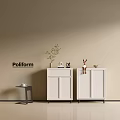 Poliform Modern White Entryway And Side Cabinets With Potted Plant Deer Figurine And Decorative Items