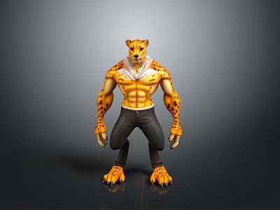3D Cheetah Humanoid Character With Muscular Body Black Pants And Spotted Yellow Skin 3d model