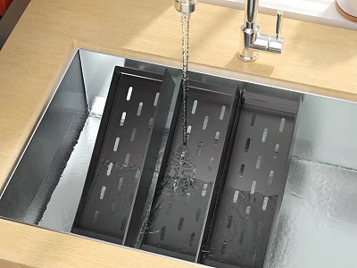 Stainless Steel Kitchen Sink with Drainer Rack and Faucet Running Water 3d model