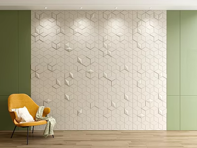 White Hexagonal Geometric Tile Wall Design With 3D Textured Surface Yellow Armchair And Wooden Floor 3d model