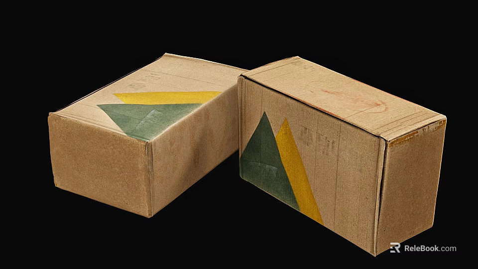 Vintage Brown Cardboard Boxes With Green And Yellow Geometric Triangles Design 3d model 