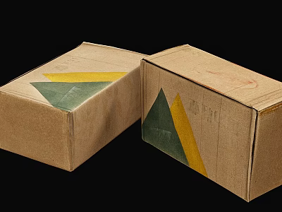Vintage Brown Cardboard Boxes With Green And Yellow Geometric Triangles Design 3d model