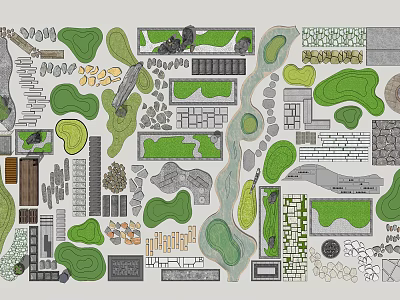 Garden Ornaments Design With Green Patches Stone Paths And Decorative Elements 3d model