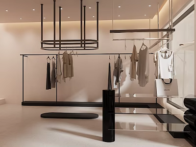 Modern Fashion Clothing Store Interior with Hanging Clothes on Racks and Stylish Display Shelves 3d model
