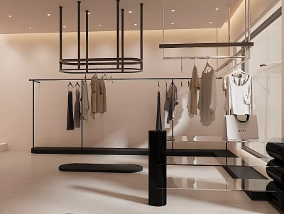 Modern Fashion Clothing Store Interior with Hanging Clothes on Racks and Stylish Display Shelves 3d model