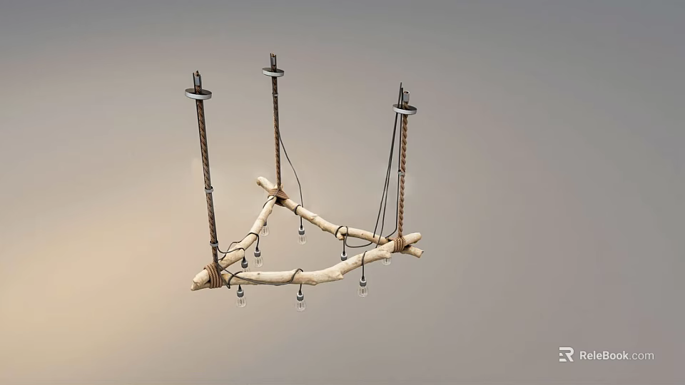 Natural Driftwood Branch Chandelier With Rope Suspended Clear Glass Bulbs And Crystal Accents 3d model 