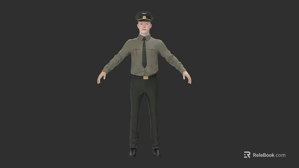 Game Movie Character 3D Model Wearing Green Uniform Shirt With Tie Hat And Pants 3d model 
