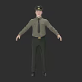 Game Movie Character 3D Model Wearing Green Uniform Shirt With Tie Hat And Pants