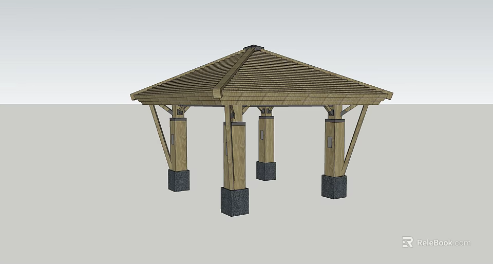 Wooden Pavilion Structure With Sloped Roof Four Pillars And Black Bases 3d model 