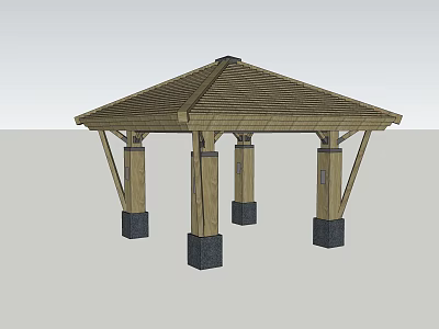 Wooden Pavilion Structure With Sloped Roof Four Pillars And Black Bases 3d model