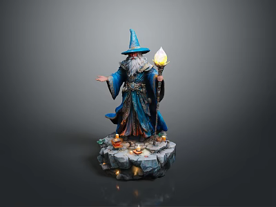 Man In Blue Robe Pointed Hat With White Beard Holding Glowing Staff On Rock Base 3d model