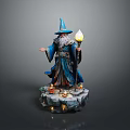 Man In Blue Robe Pointed Hat With White Beard Holding Glowing Staff On Rock Base