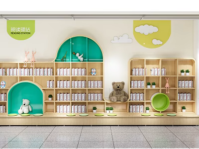 Cute Wooden Bookcases In Kids Bookstore Interior With Neat Books Stuffed Toys And Cloud Decorations 3d model
