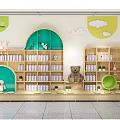 Cute Wooden Bookcases In Kids Bookstore Interior With Neat Books Stuffed Toys And Cloud Decorations
