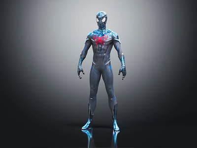 Superhero Character Wearing Blue Black Red Costume Standing Pose On Reflective Floor With Dark Background 3d model