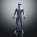Superhero Character Wearing Blue Black Red Costume Standing Pose On Reflective Floor With Dark Background