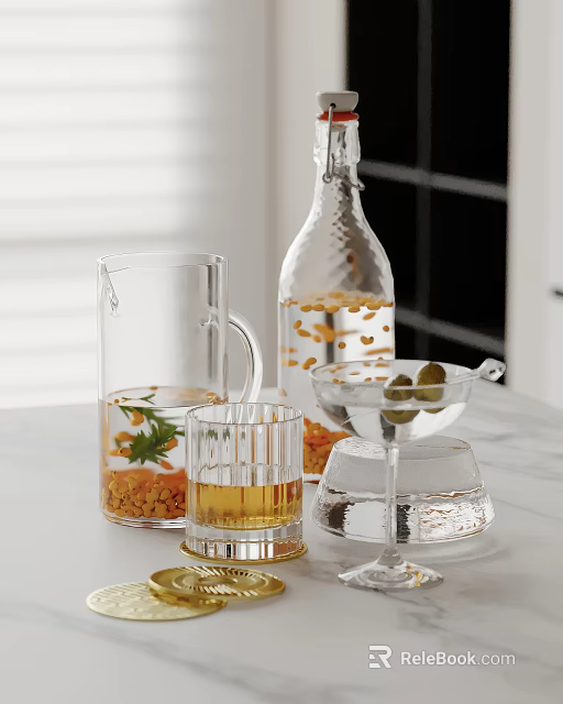 Modern Glass Decorative Ornament Set With Pitcher Bottle Martini Glass Tumbler Orange Granules And Olives 3d model 