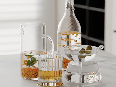 Modern Glass Decorative Ornament Set With Pitcher Bottle Martini Glass Tumbler Orange Granules And Olives 3d model