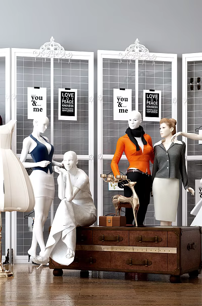 Fashion Store Mannequins Displaying Suits Wedding Dress And Elegant Dresses With Racks 3d model