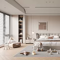 Modern Bedroom Interior With Bed Built-in Wardrobes Stuffed Toys on Striped Carpet and Ceiling Lights