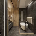 Modern Luxurious Bathroom Interior With White Bathtub Double Sinks Dark Marble And Wooden Walls