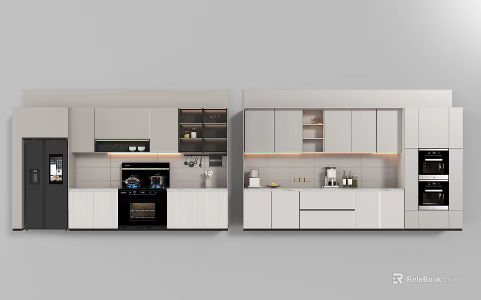 Modern Kitchen Cookware And Appliances With White Cabinets And Countertop 3d model