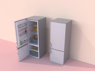 Two Silver Refrigerator Freezer Appliances With Open Door And Food Items Against Wall 3d model