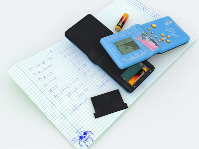 Vintage Blue Electronic Device With Black Case Batteries Grid Paper And Handwritten Notes 3d model