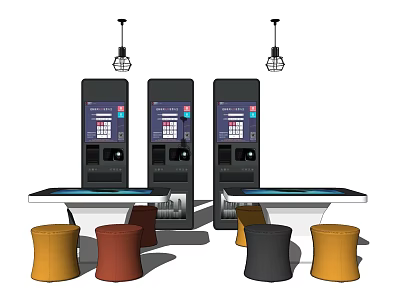 Public Facility Self Service Kiosks With Colorful Stools And Hanging Lights 3d model