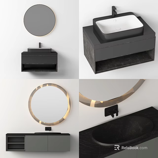 Modern Wall Mounted Bathroom Vanity With Black Countertop Round Mirror And Lighting 3d model 