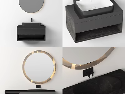 Modern Wall Mounted Bathroom Vanity With Black Countertop Round Mirror And Lighting 3d model
