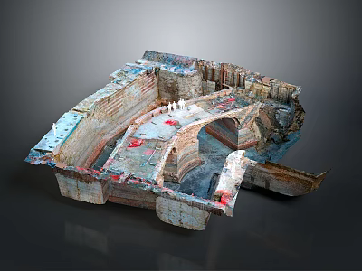 Detailed Architectural Model Featuring Stone Brick Structure Arched Design Red Markings With Small Figures 3d model