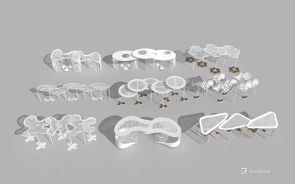 Modern White Pergola Collection With Various Geometric And Curved Designs 3d model 