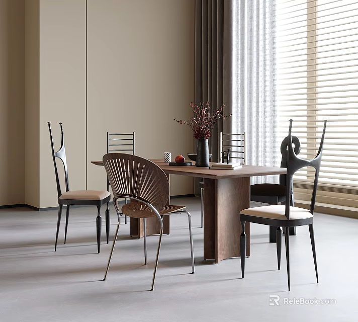 Stylish Modern Dining Table And Chairs Set With Wooden Top And Metal Legs 3d model 