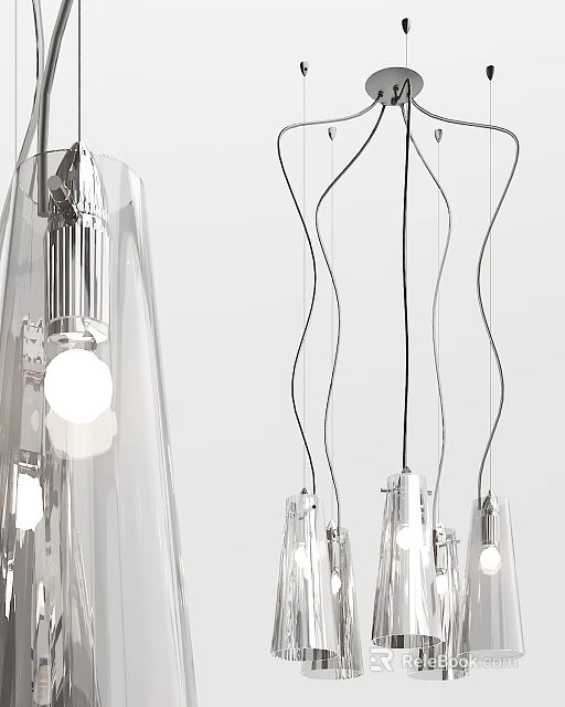 Modern Transparent Pendant Lights With Curved Chrome Lines And Exposed Bulbs 3d model 