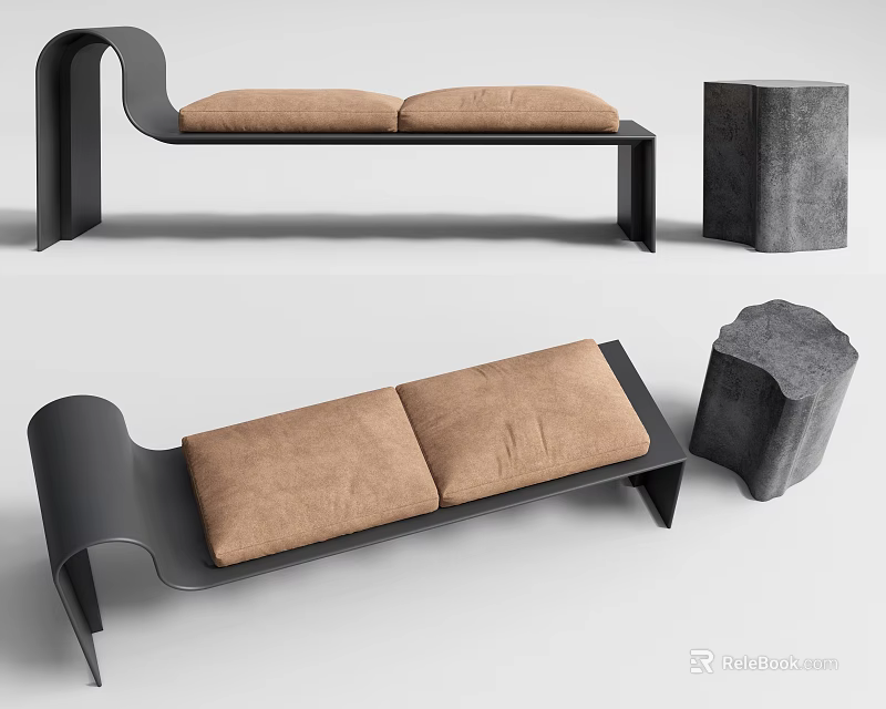 Modern Sofa Bench With Brown Cushion Black Metal Frame And Side Stool 3d model