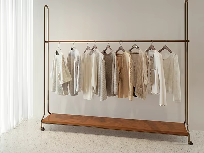 Different Styles Light Colored Clothes Hanging On Metal Clothes Rack With Wooden Shelf 3d model