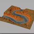3D Architectural Terrain Model Featuring Orange Mountain Ranges And Blue River