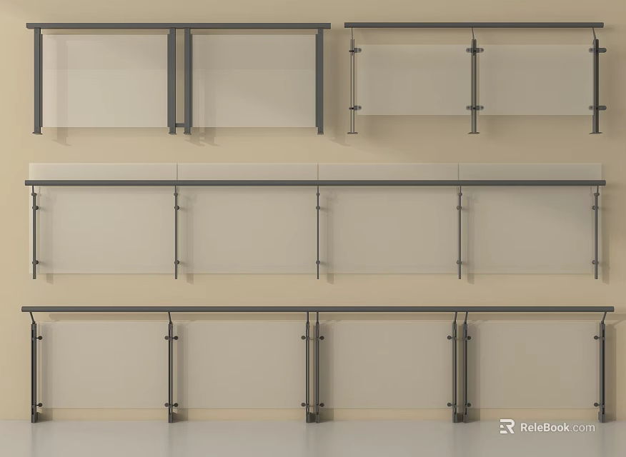 Glass Panel Railings With Metal Frames In Various Modern Design Styles 3d model